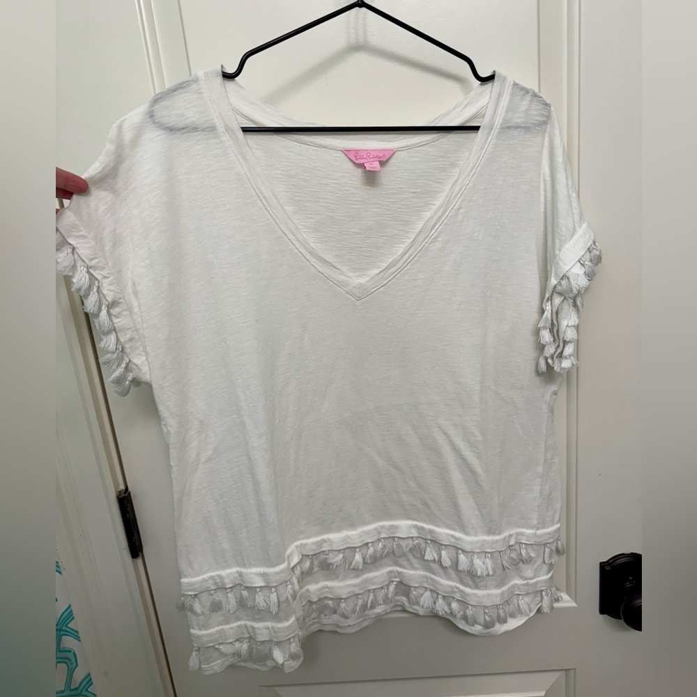Lilly Pulitzer Daley Tassel Tee White Slub Cotton V Neck Casual Short Sleeve M